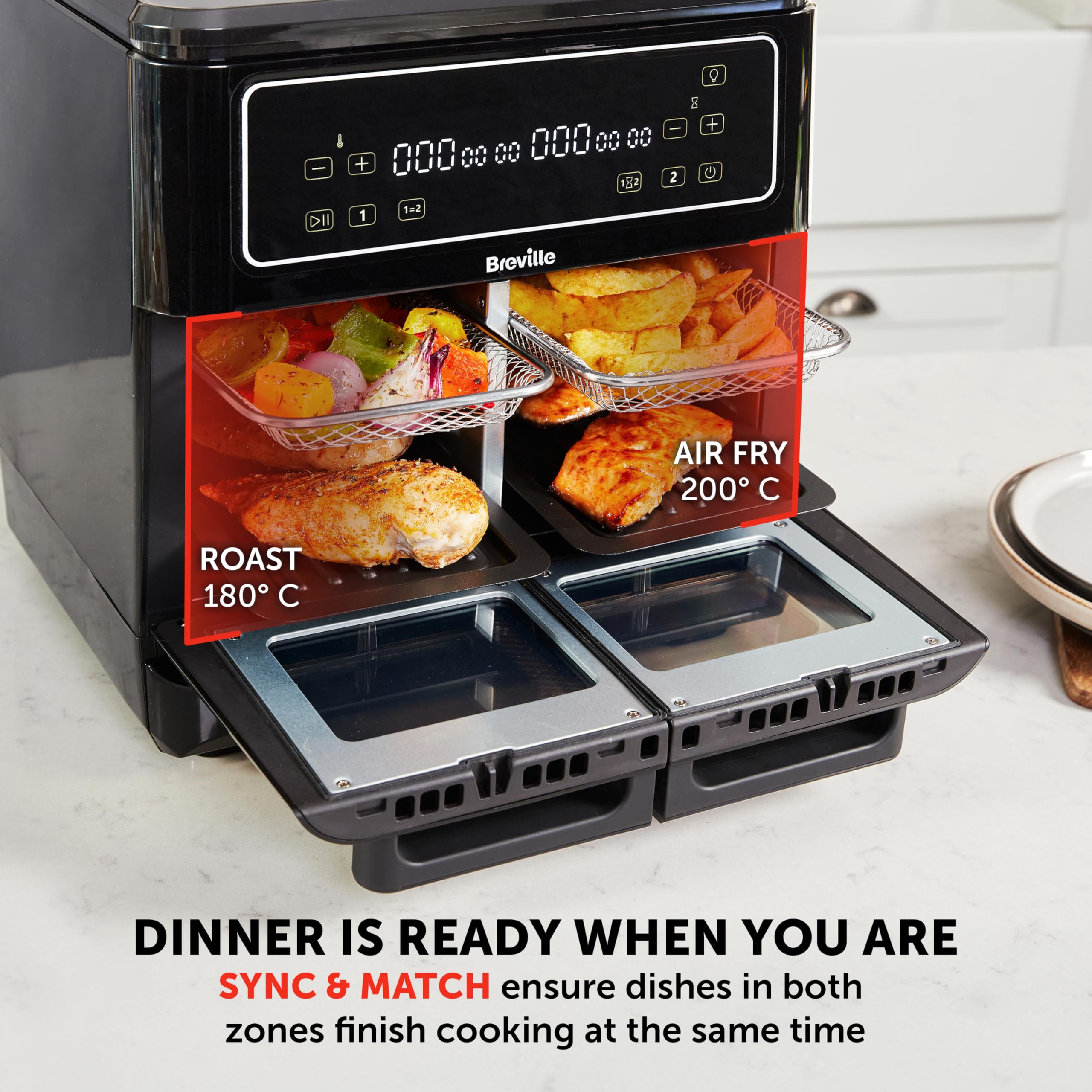 Breville Halo Flexi Air Fryer Digital Dual Air Fryer Oven 11L: Serves 10+ People FryBakeGrillRoast & Reheat 2400 W