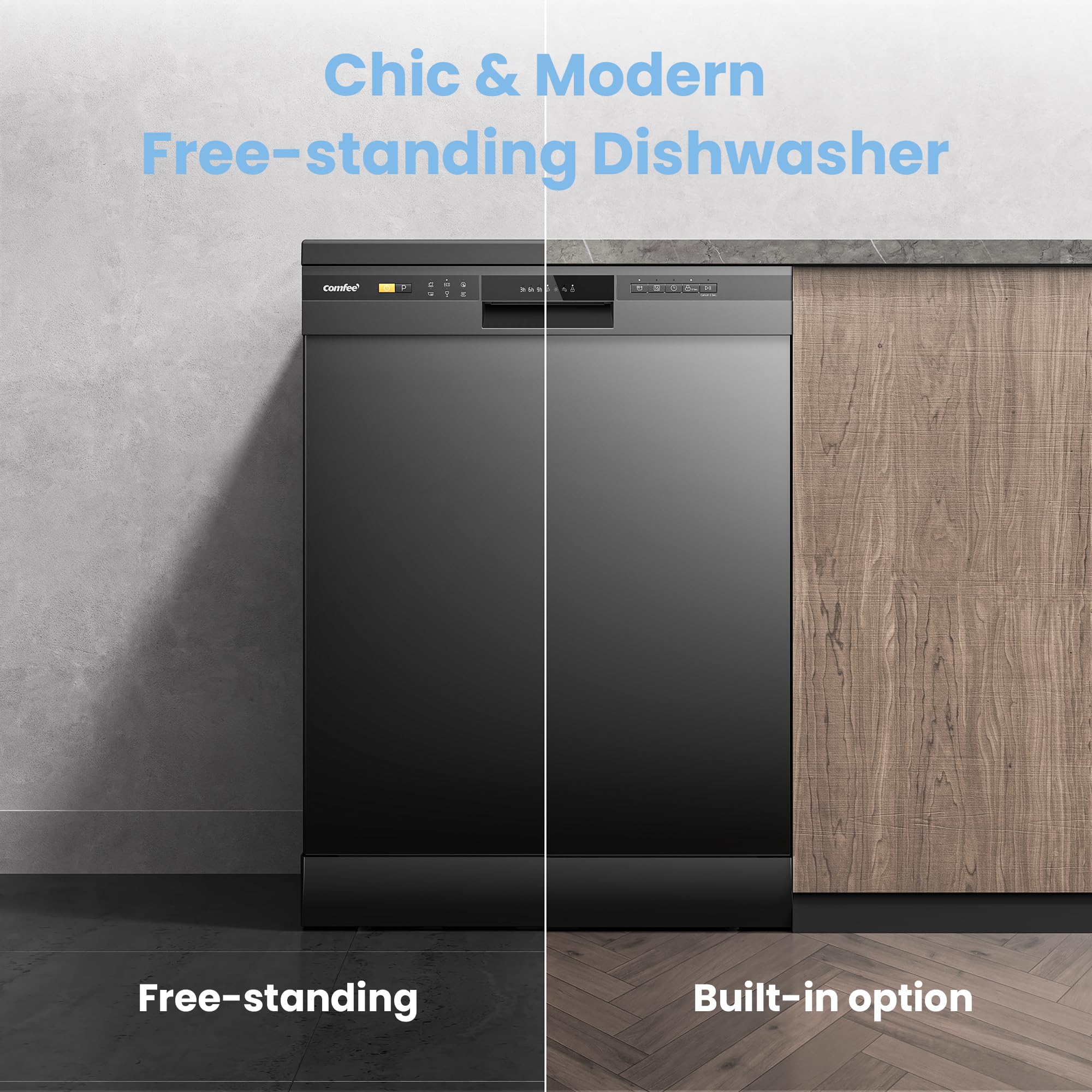 COMFEE' Freestanding Dishwasher CDWPF1201PB-UK 60cm Width, Full Size Dishwasher with 12 place settings